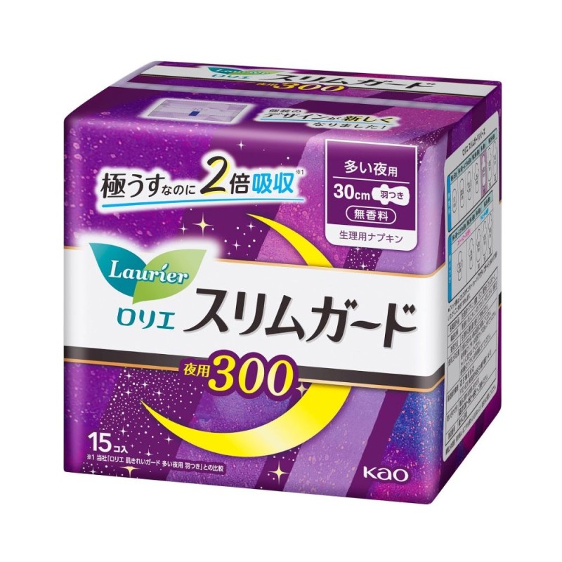 카오 로리에 슬림가드 많은날 밤용 날개형 30cm 무향료 15매입