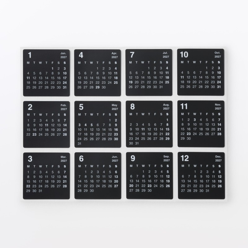 무인양품 떼어낼 수 있는 캘린더 스티커 블랙 2027년 월요일 시작 1조각 40x40mm