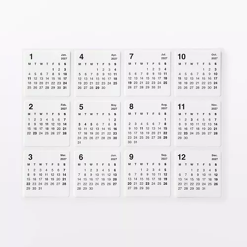 무인양품 떼어낼 수 있는 캘린더 스티커 화이트 2027년 월요일 시작 1조각 40x40mm