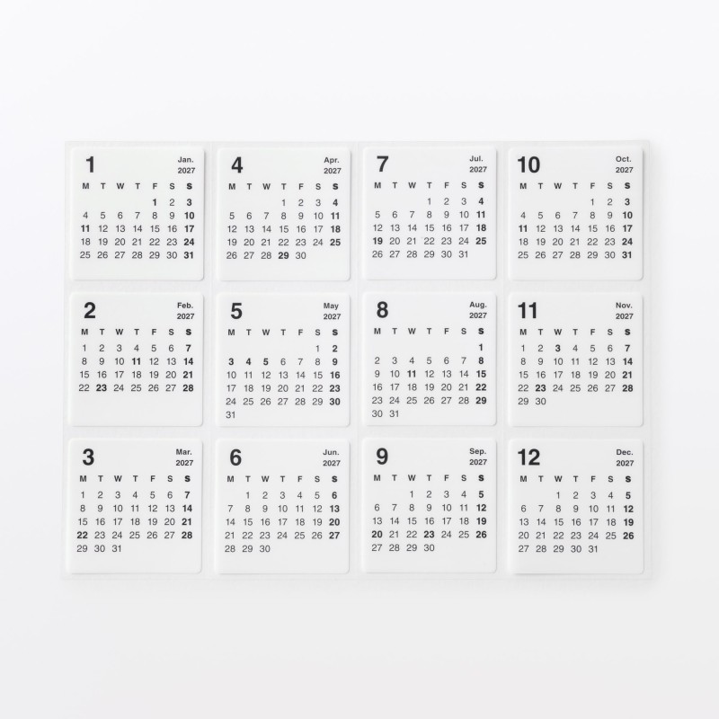 무인양품 떼어낼 수 있는 캘린더 스티커 화이트 2027년 월요일 시작 1조각 40x40mm