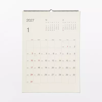 무인양품 사탕수수 함유 종이 일요일 시작 육요 캘린더 2027년 벽걸이용 약 594x420mm A2